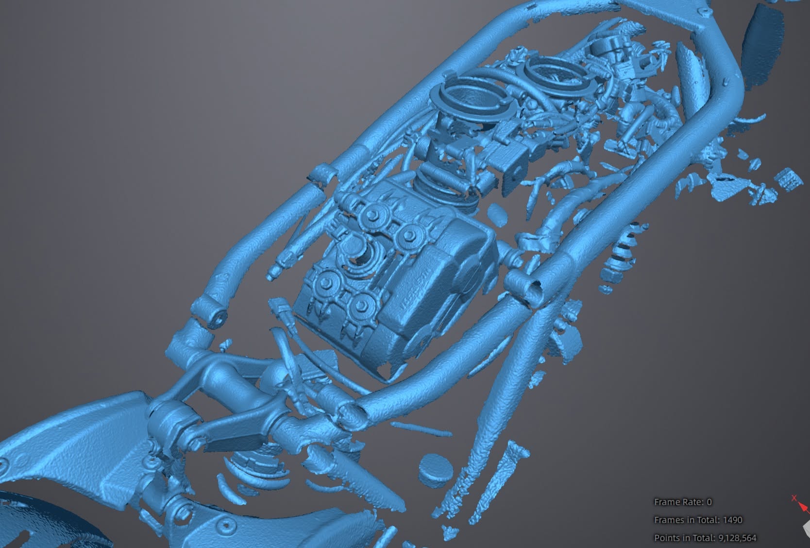 3D scan mesh of the KTM motorcycle chassis and subframe used as reference geometry for the new fuel tank and tail